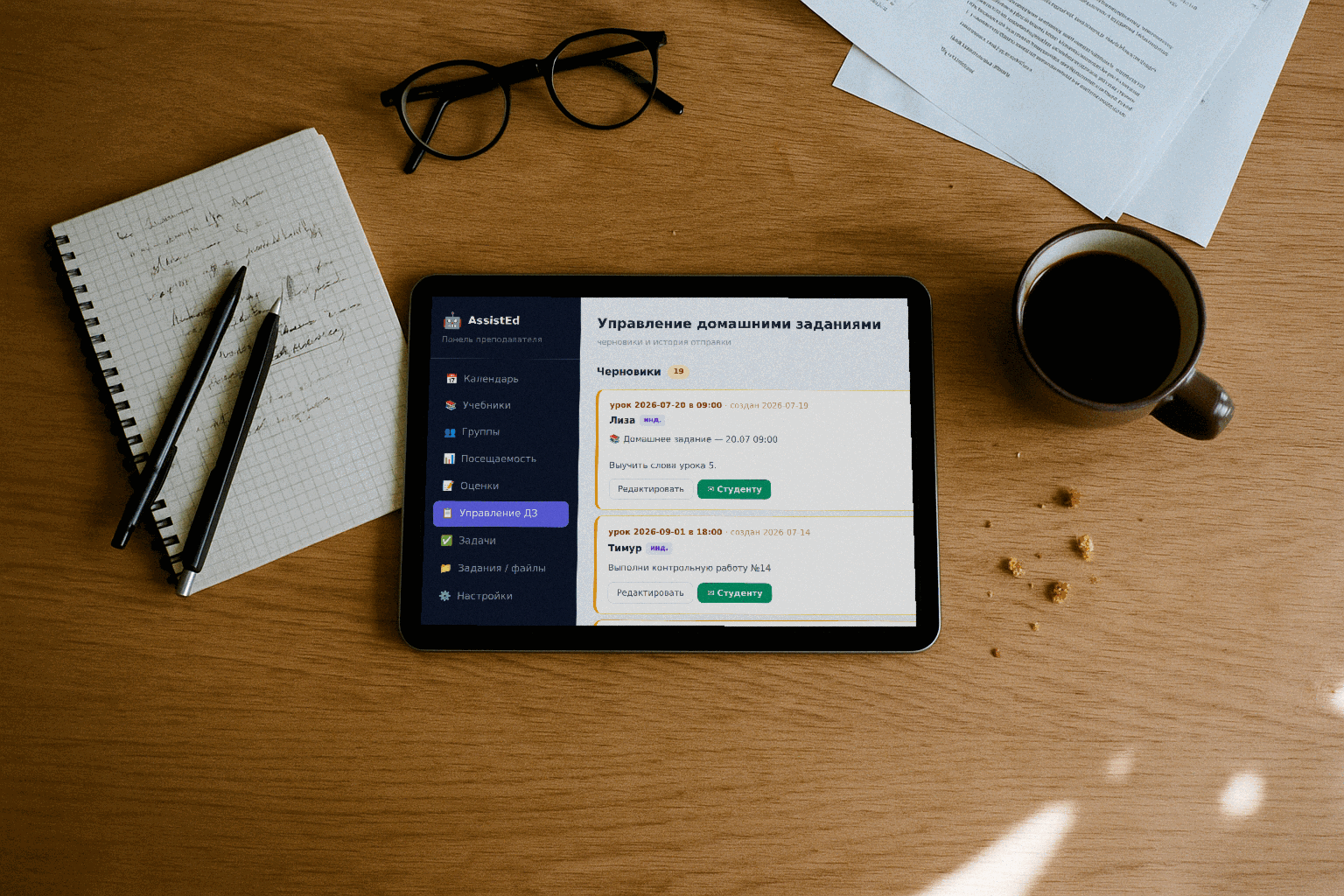 Планшет с панелью AssistEd на рабочем столе преподавателя